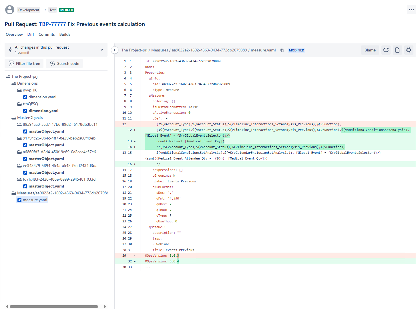 Pull request diff showing a Qlik measure change in QOps - file tree on the left shows the decomposed app structure, diff on the right shows modifications to a set expression